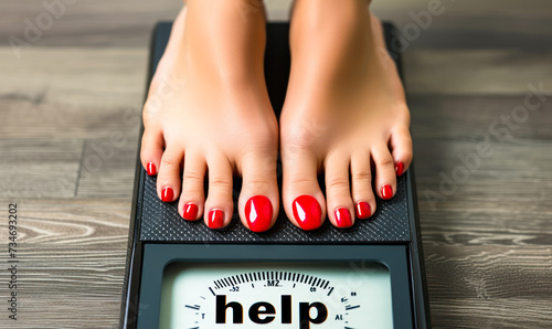 Desperate plea for help on weight scale display under feet with red nail polish, symbolizing weight management struggles and call for assistance