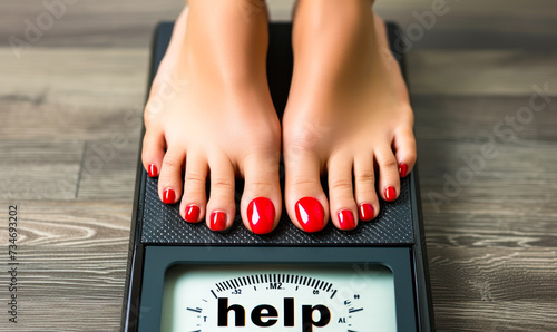 Desperate plea for help on weight scale display under feet with red nail polish, symbolizing weight management struggles and call for assistance photo