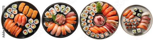 A plate filled with sushi, top view