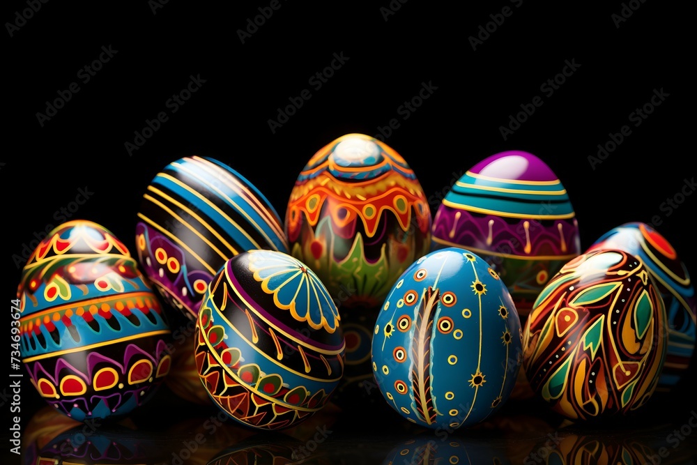 A captivating collection of hand-painted Easter eggs with intricate designs and vibrant colors against a dark background A captivating collection of hand-painted Easter eggs with intricate designs and vibrant colors against a dark background