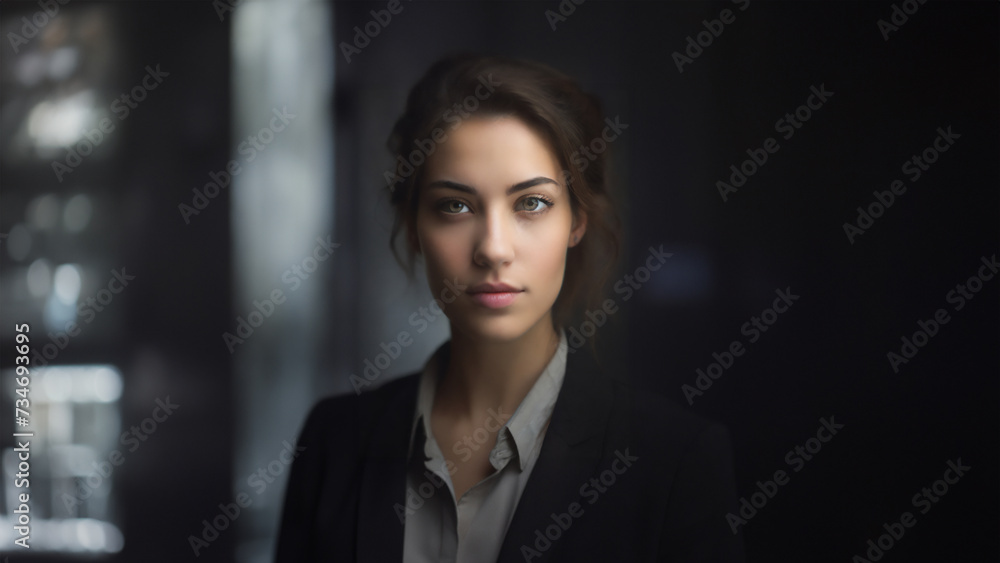 Naklejka premium A confident businesswoman in a modern office setting, wearing a stylish dark suit