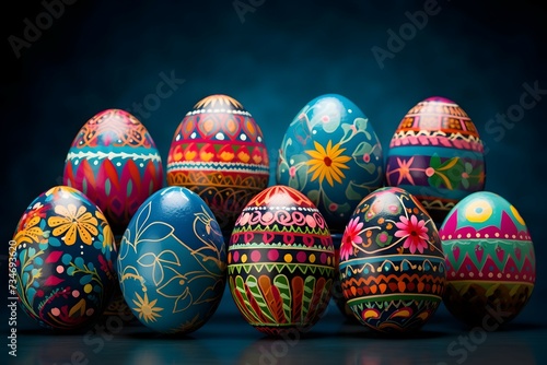 A captivating collection of hand-painted Easter eggs with intricate designs and vibrant colors against a dark background