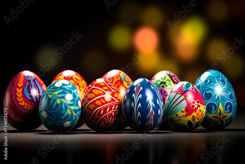 A captivating collection of hand-painted Easter eggs with intricate designs and vibrant colors against a dark background