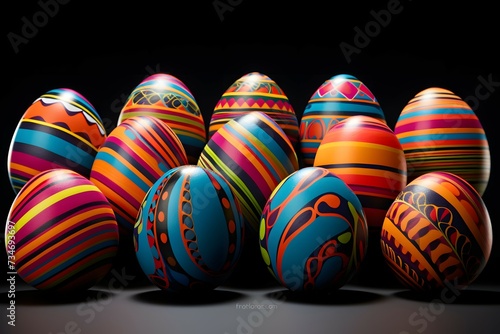 A captivating collection of hand-painted Easter eggs with intricate designs and vibrant colors against a dark background