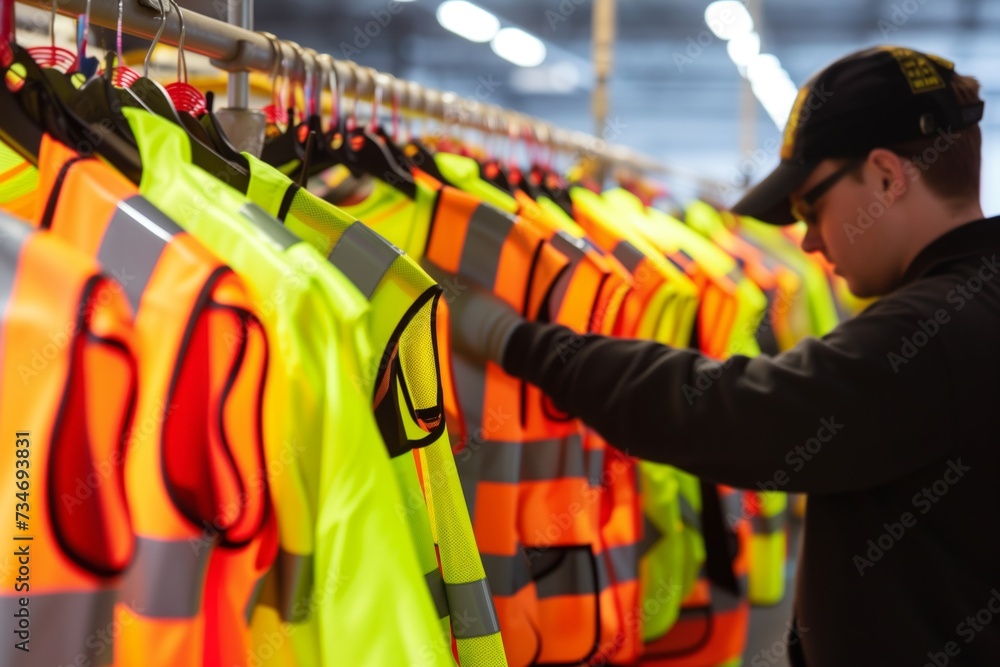 employee arranging highvisibility vests on a rack