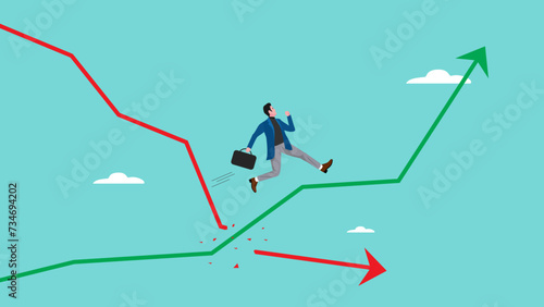 change business strategy to achieve business goals or target, recovering from the economic crisis, businessman jumps from the red graph down to the green growing graph concept vector illustration