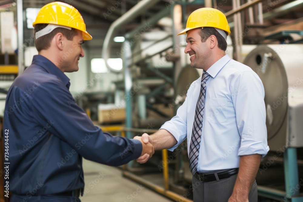 businessman shaking hands with factory foreman businessman shaking hands with factory foreman