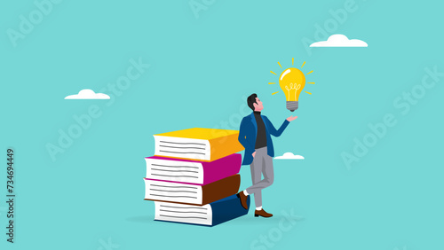 education and knowledge to encourage career success, wisdom or learning to help people achieve business goal or target, businessman standing with stack of books and light bulb concept illustration