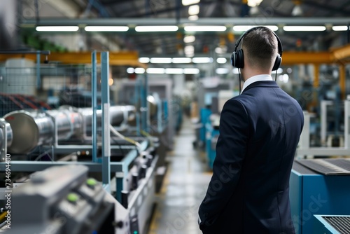 businessman with headset supervising manufacturing unit