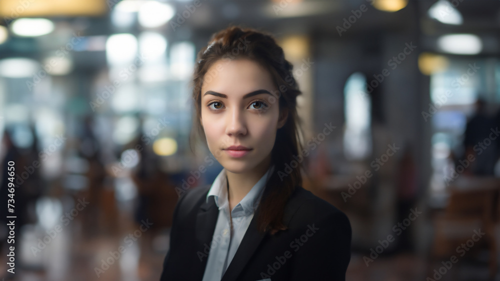 Naklejka premium A confident businesswoman in a modern office setting, wearing a stylish dark suit