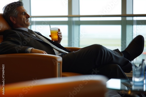 executive reclining in airport vip lounge with a beverage photo