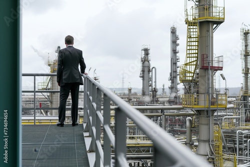 male executive examining refinery operations from an elevated walkway