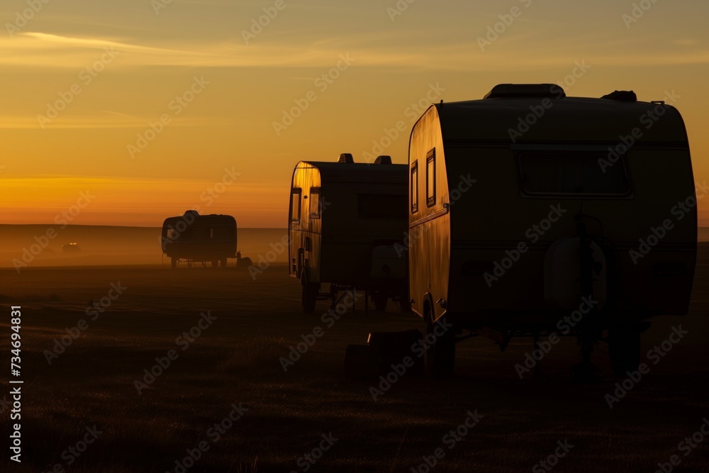 caravan silhouettes at sunrise on plains