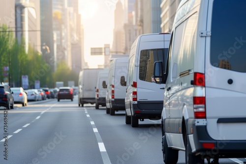 convoy of modern delivery vans on a city trade route photo