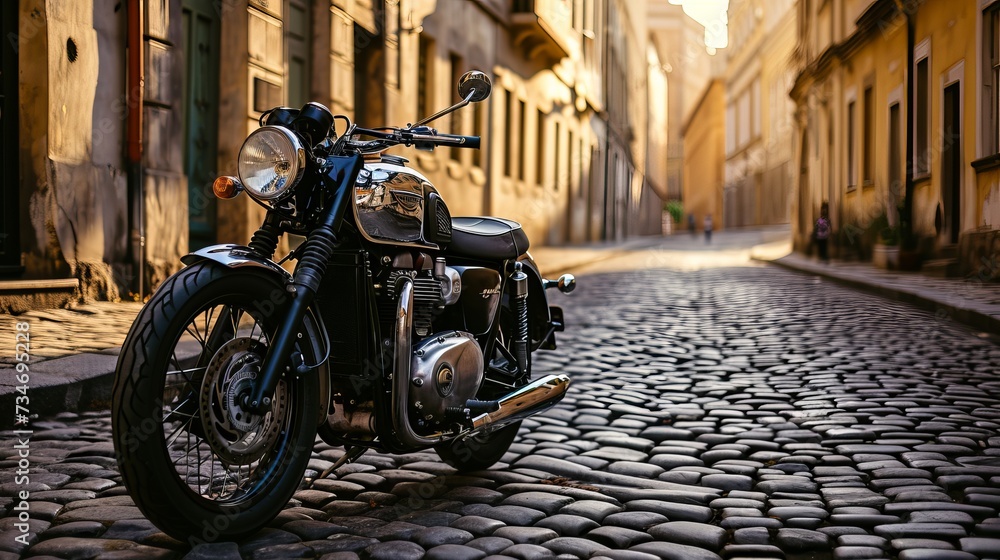 Vintage Motorbike Parked on Cobblestone Street Bathed in Warm Sunlight Filtering Through Classic Buildings