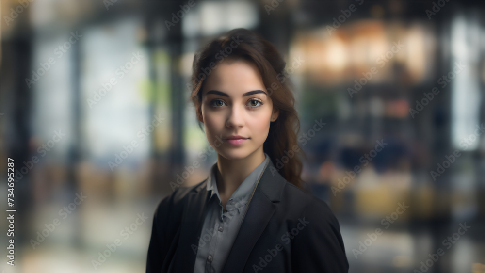 A confident businesswoman in a modern office setting, wearing a stylish dark suit A confident businesswoman in a modern office setting, wearing a stylish dark suit