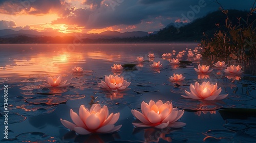 Floating Lily Pads: A Glowing Sunset Serenade Generative AI