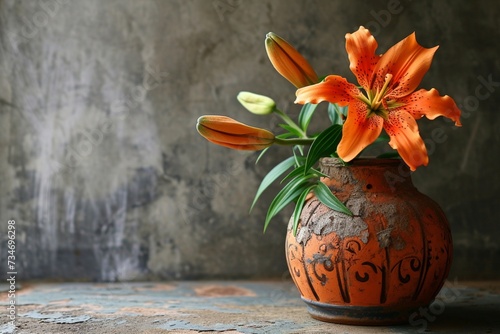 A minimalistic capture of a vintage, ornate terracotta pot, showcasing a vivid orange lily in all its glory against a backdrop that emphasizes its elegance