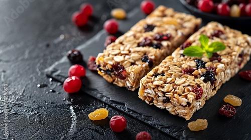 healthy snack muesli bars with raisins and dried berries on a black background photo