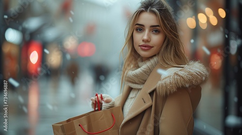 Winter Chic: A Blonde Woman in a Brown Coat and Scarf, Holding a Shopping Bag Generative AI