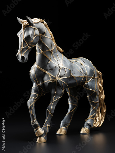 Ceramic Statue of a Grey Horse with Golden Lines © Srivatsava
