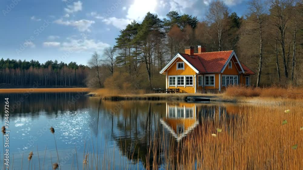 A house on the lake with forest background. Seamless looping time-lapse 4k video animation background A house on the lake with forest background. Seamless looping time-lapse 4k video animation background
