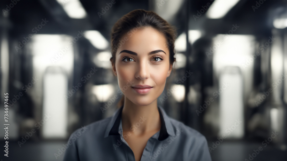 Fototapeta premium A individual Women Labour in a well-lit, modern Factory environment, focus on the person with blurred background. The atmosphere is calm and conducive for productivity and innovation