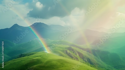 Beautiful rainbow in green mountain valley with green hills with copy space. Ecotourism concept.