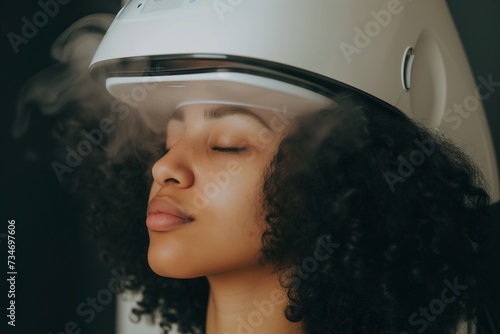 woman under a hair steamer for deep conditioning