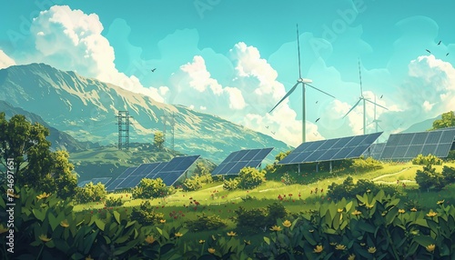 Renewable Energy Solutions: Harnessing Nature's Power, Illustrate renewable energy solutions with an image showing solar panels, wind turbines, or hydroelectric generators, AI 