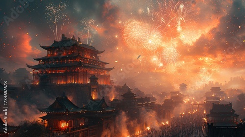 Chinese New Year Celebration: Fireworks and Lights Illuminate the Sky Generative AI