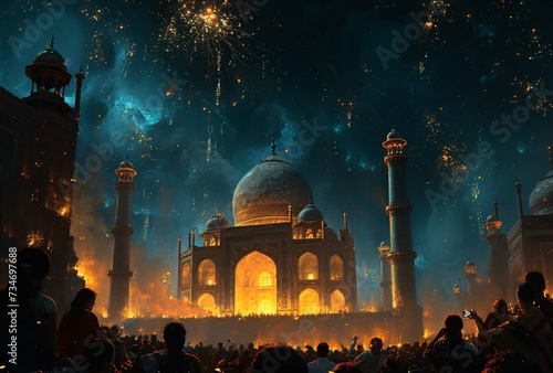 Glowing Fireworks Illuminate the Taj Mahal: A Spectacular Nighttime Event Generative AI