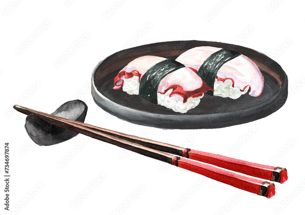 Nigiri Sushi with octopus. Hand drawn watercolor illustration, isolated on white background Nigiri Sushi with octopus. Hand drawn watercolor illustration, isolated on white background