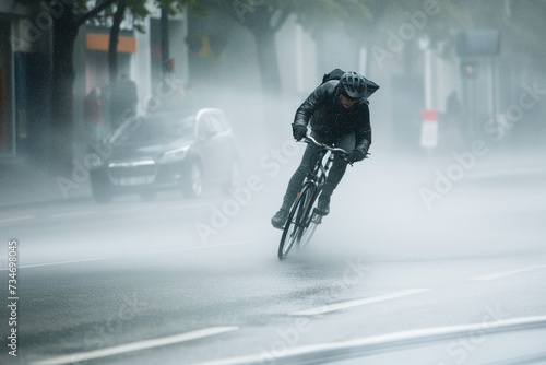cyclist struggling against powerful wind gusts on street photo