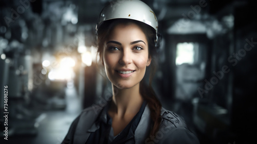 A Women Factory machine Operator in safety gear stands amidst a modern, automated manufacturing facility. The vibrant machinery and organised environment highlight efficiency and innovation