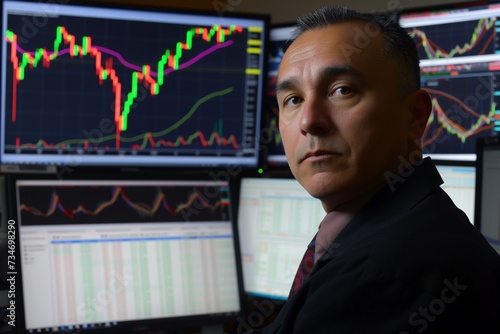 trader in front of computer screens with a clear uptrend candlestick graph © altitudevisual