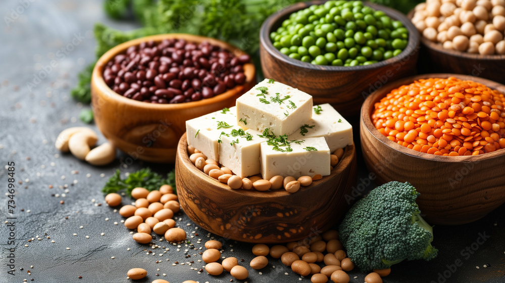 Selection of plant based proteins,  including tofu, legumes and greens.