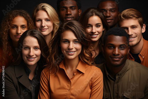Happy businessmen and businesswomen standing together at creative office and looking at camera. Portrait of successful multiethnic group of casual men and women smiling at modern workplace.Ai 