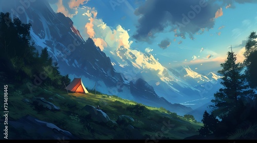Amidst a peaceful mountain landscape, a glowing tent awaits the start of a new day, surrounded by the vast sky, towering trees, and a protective tarpaulin
