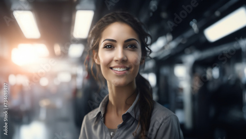 A individual Women Labour in a well-lit, modern Factory environment, focus on the person with blurred background. The atmosphere is calm and conducive for productivity and innovation