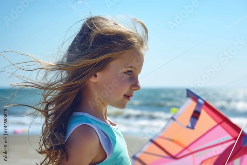 young girl with a kite ready to launch on the beach © altitudevisual