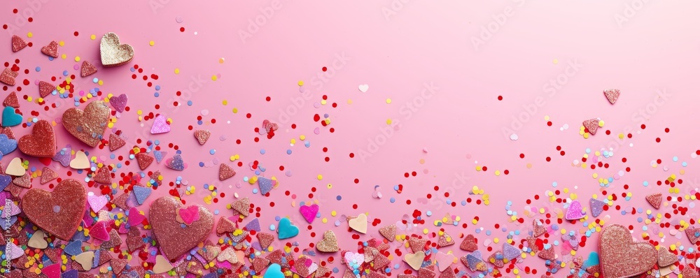 Hearts with glitter wide background.