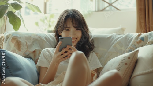 beautiful young asian woman looking happy uses a smart mobile phone on sofa in living room interior