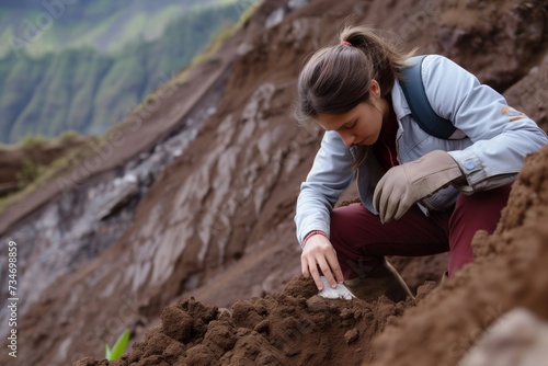 female geologist analyzing soil near a landslide photo