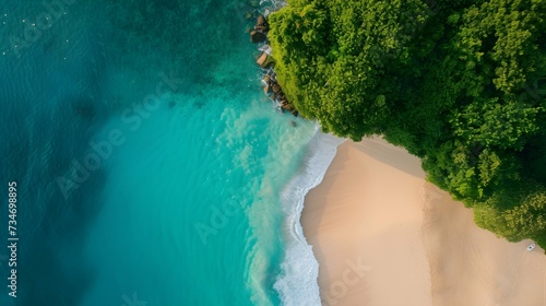 Aerial view of ocean and beach on tropical island. Summer vacation holiday background. Seascape