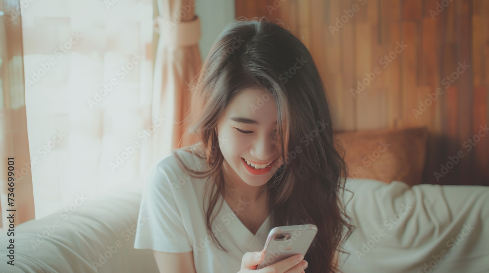 beautiful young asian woman looking happy uses a smart mobile phone on sofa in living room interior beautiful young asian woman looking happy uses a smart mobile phone on sofa in living room interior