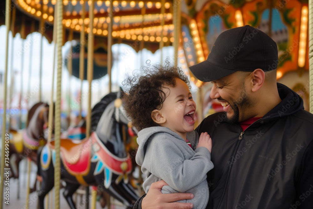 parent and child laughing with spinning carousel behind