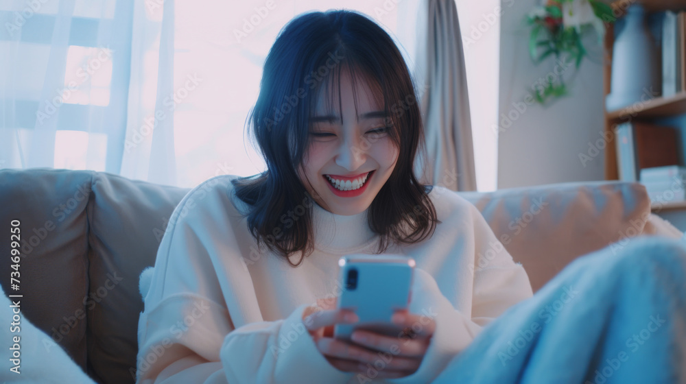 beautiful young asian woman looking happy uses a smart mobile phone on sofa in living room interior beautiful young asian woman looking happy uses a smart mobile phone on sofa in living room interior