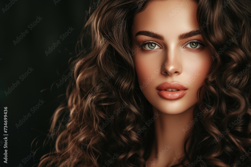 Fototapeta premium Gorgeous brunette woman with stunning curly hair achieved through care and trichology
