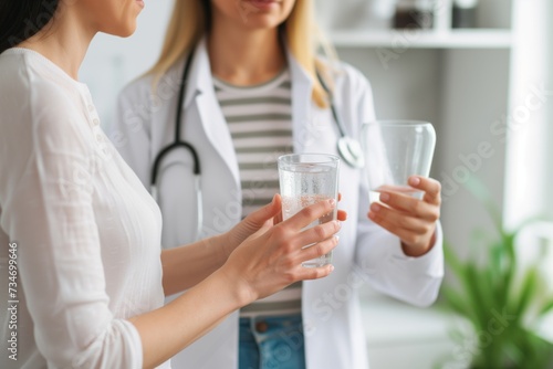 woman holding a glass of water discussing hydration with a nutritionist